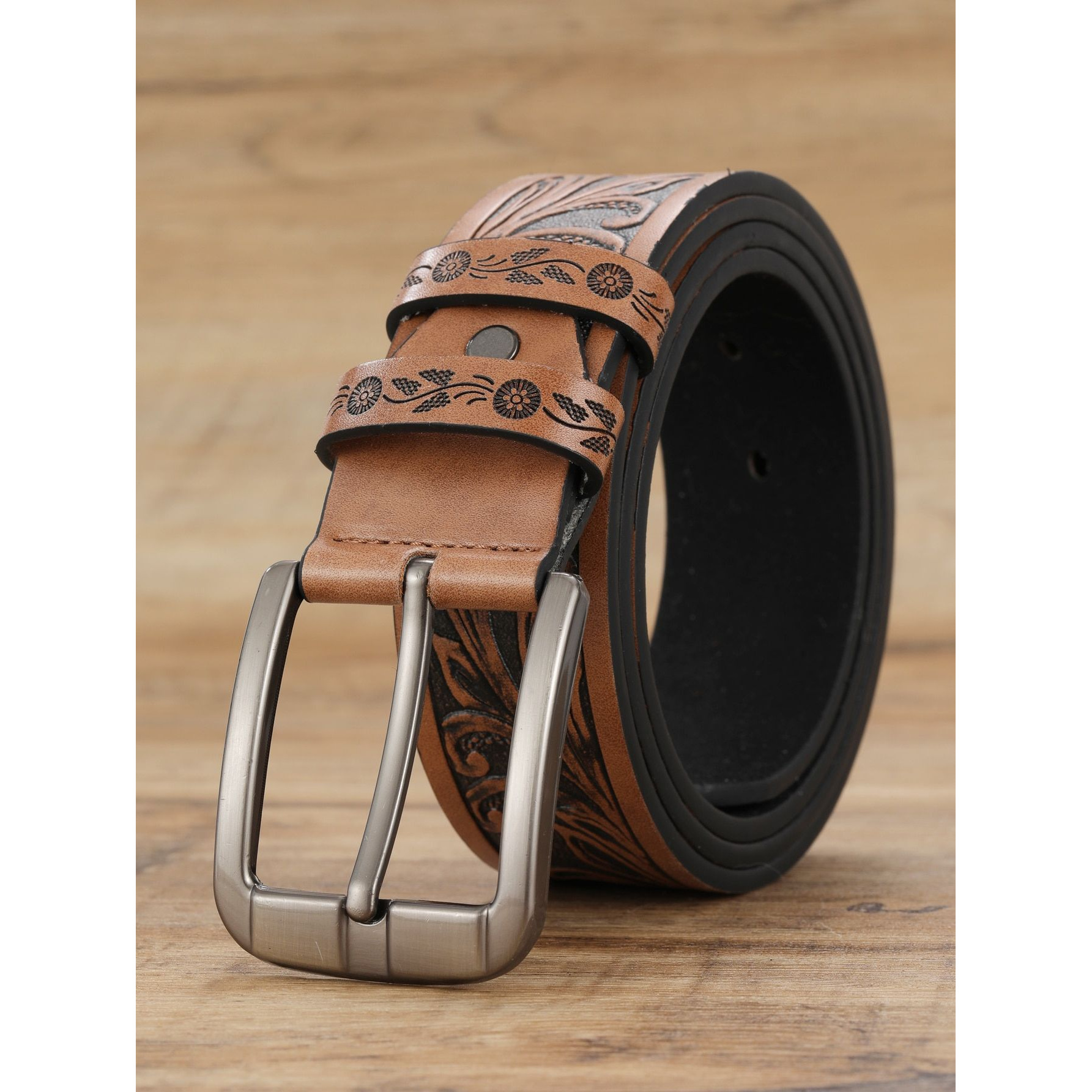 

Ceinture en cuir de style vintage pour homme avec boucle en carré, motif de feuille estampé, ceinture de jeans casual polyvalente, cuir de vache de première qualité - Gros