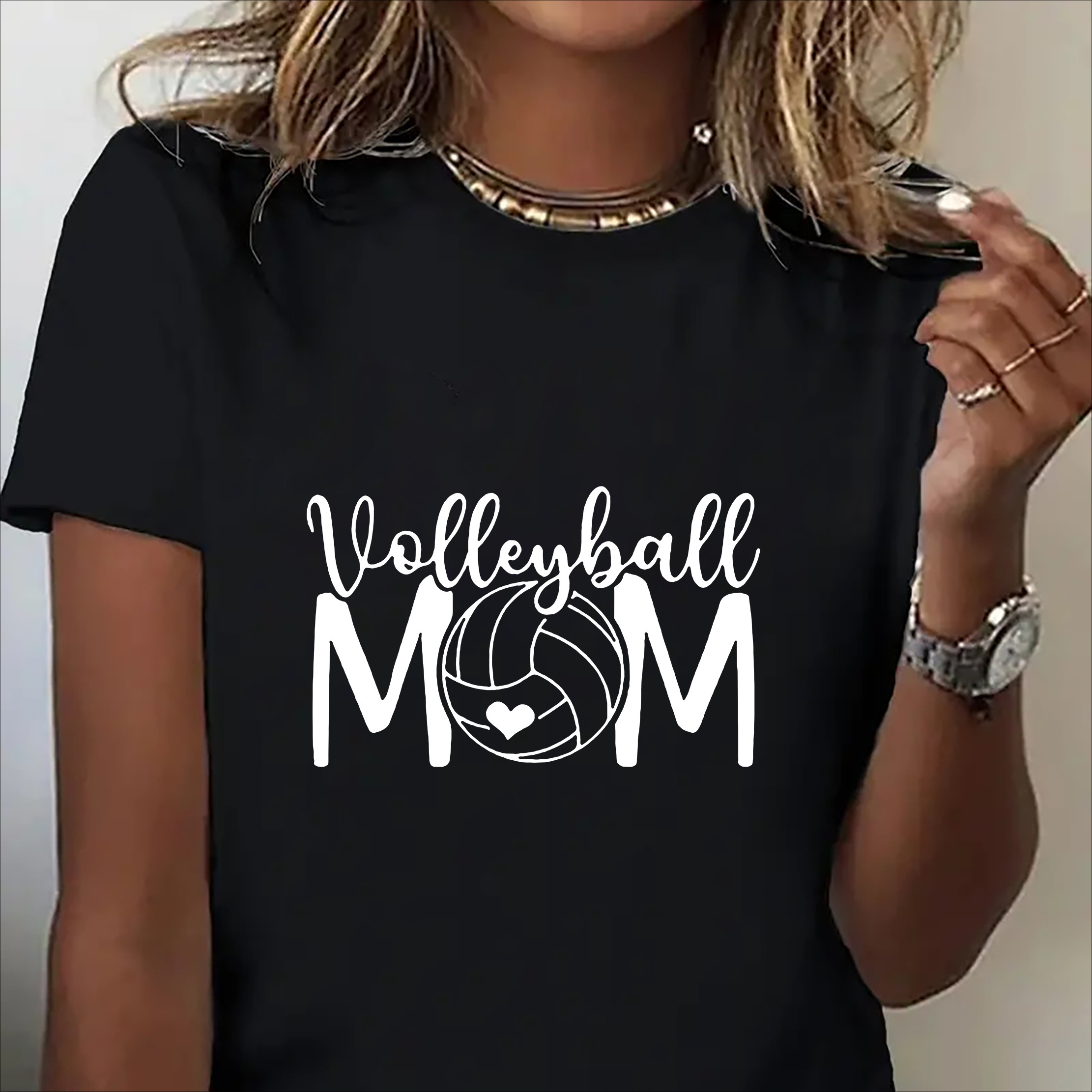 

Women' Casual Sports T-shirt, Trendy Volleyball Letter Print, Knit Fabric, Polyester, Round Neck, Stretchy, , Athletic Style