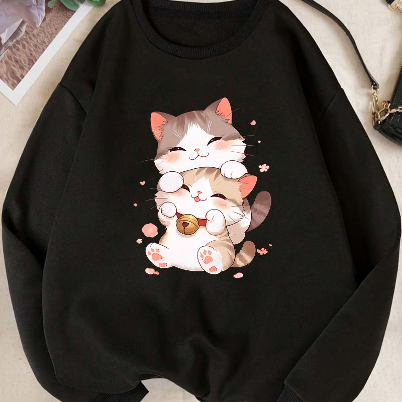 

Mature Style Polyester Sweatshirt For Women - Cute Cat Print, Casual Long Sleeve Pullover With Round Neck, Knit Fabric, , Comfort