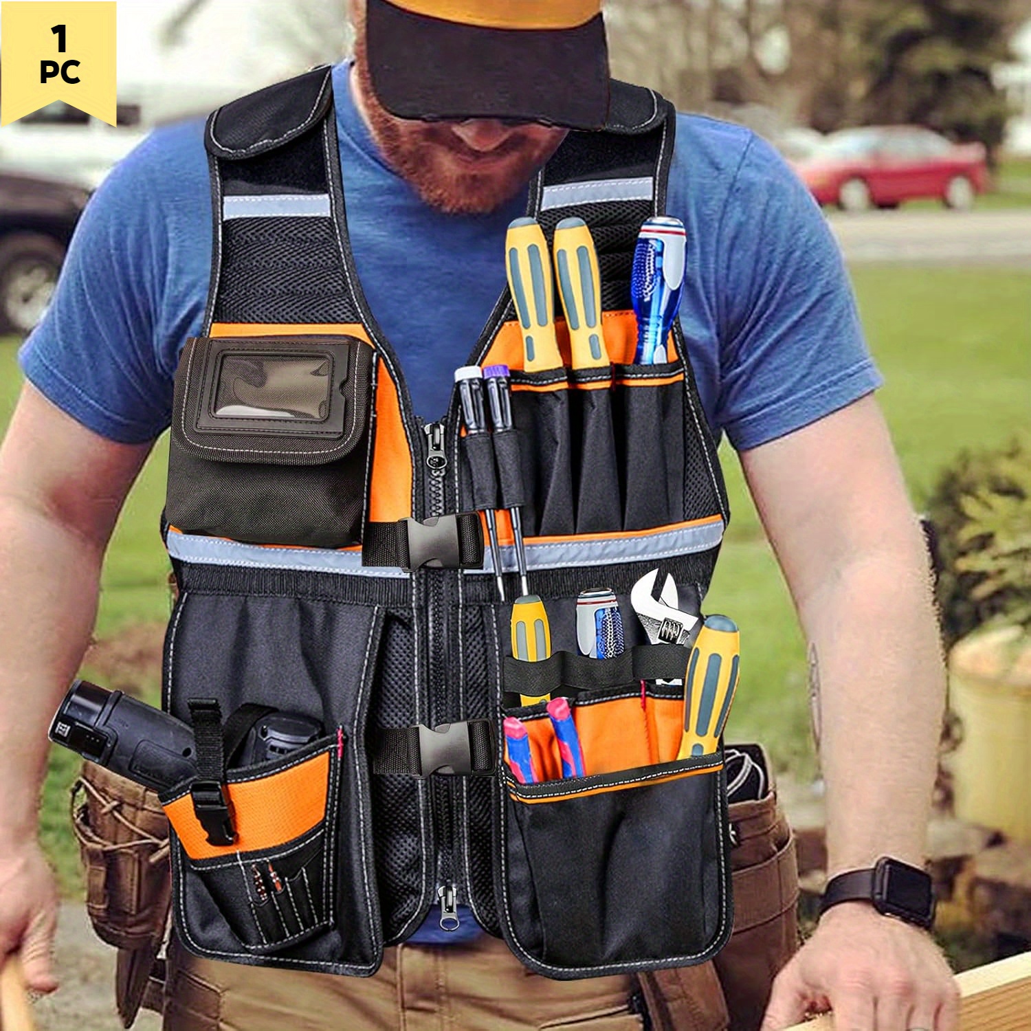 

Reflective Safety Tool Vest With Multi-pockets And Zipper, Heavy Duty Tool Vest For Electricians Carpenter