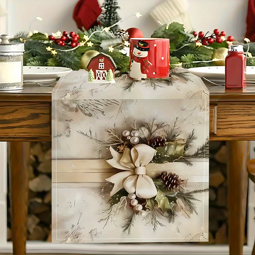 

Polyester Christmas Table Runner - Machine Made Washable Tablecloth With , Christmas Tree, And Pine Design For Holiday Dining Decoration