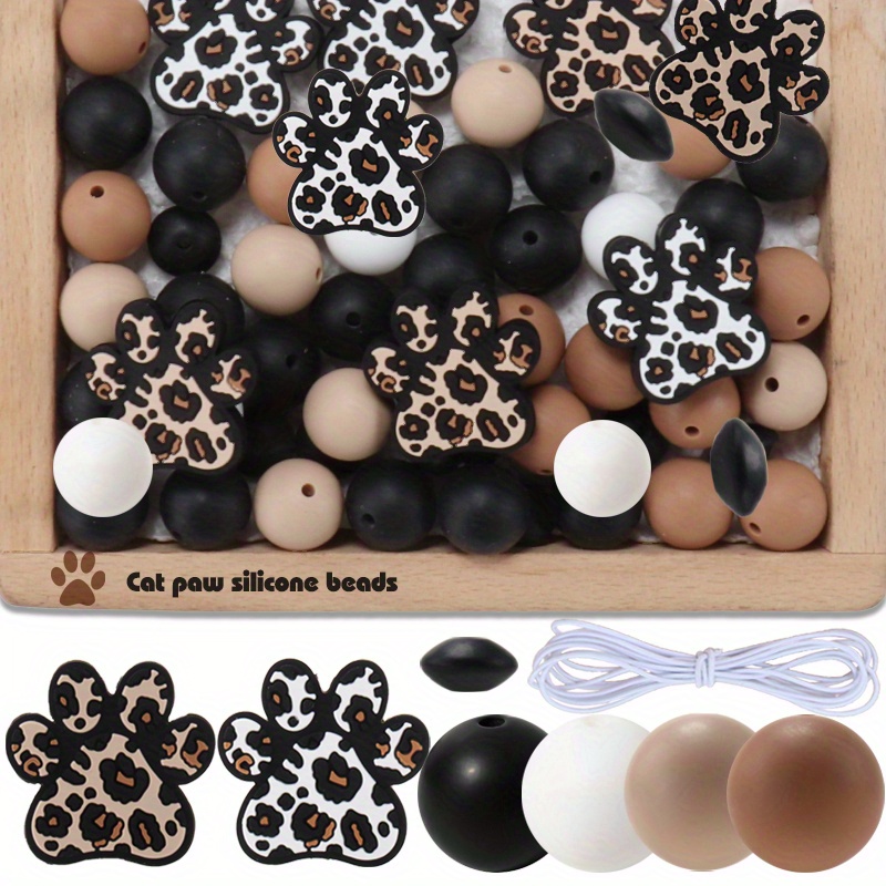 

65pcs Leopard Print Dog Paw Silicone Beads Set - Ideal For Diy Keychains, Lanyards, Bracelets & Craft Projects