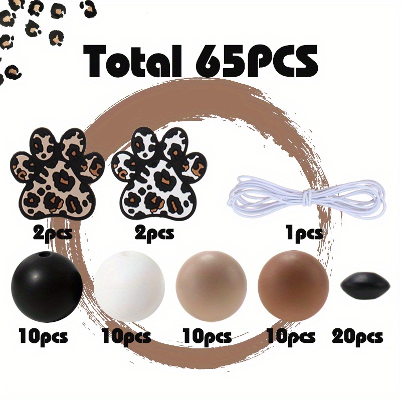 65pcs Leopard Print Dog Paw Silicone Beads - Perfect For Pens Lanyards, Bracelets, And Diy Crafts - Bulk Beads For "