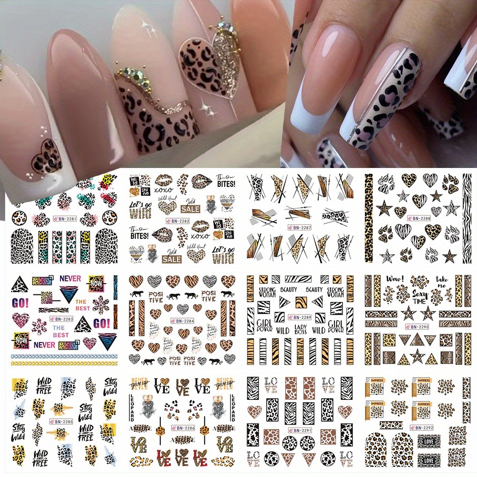 

12 Styles 1 Sheet Leopard Print Nail Stickers Water Stickers Flower Animal Print Diy Nail Decals Stickers Nail Art Manicure Nail Supply