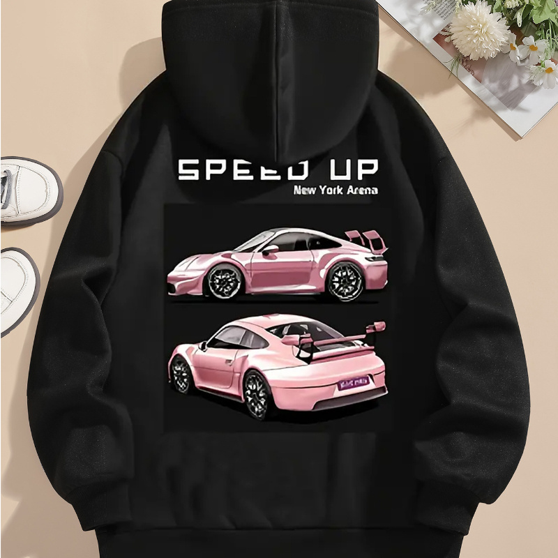 

Casual Knit Polyester Hoodie With Car Print And Alphabet Graphics, Drawstring Pullover, Long Sleeve Hooded Sweatshirt For Women - Fall/winter Collection