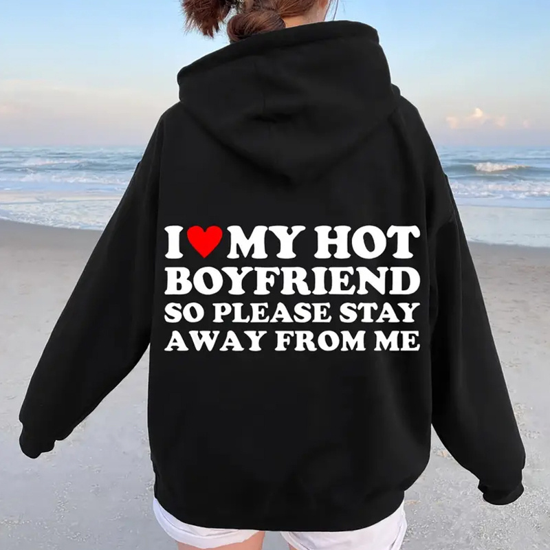 

1pc Women's Casual Polyester Hoodie With "i Love My Hot Boyfriend" Letter Print, 100% Polyester Knit Fabric, Hooded Collar, Drawstring Sweatshirt For Fall/winter