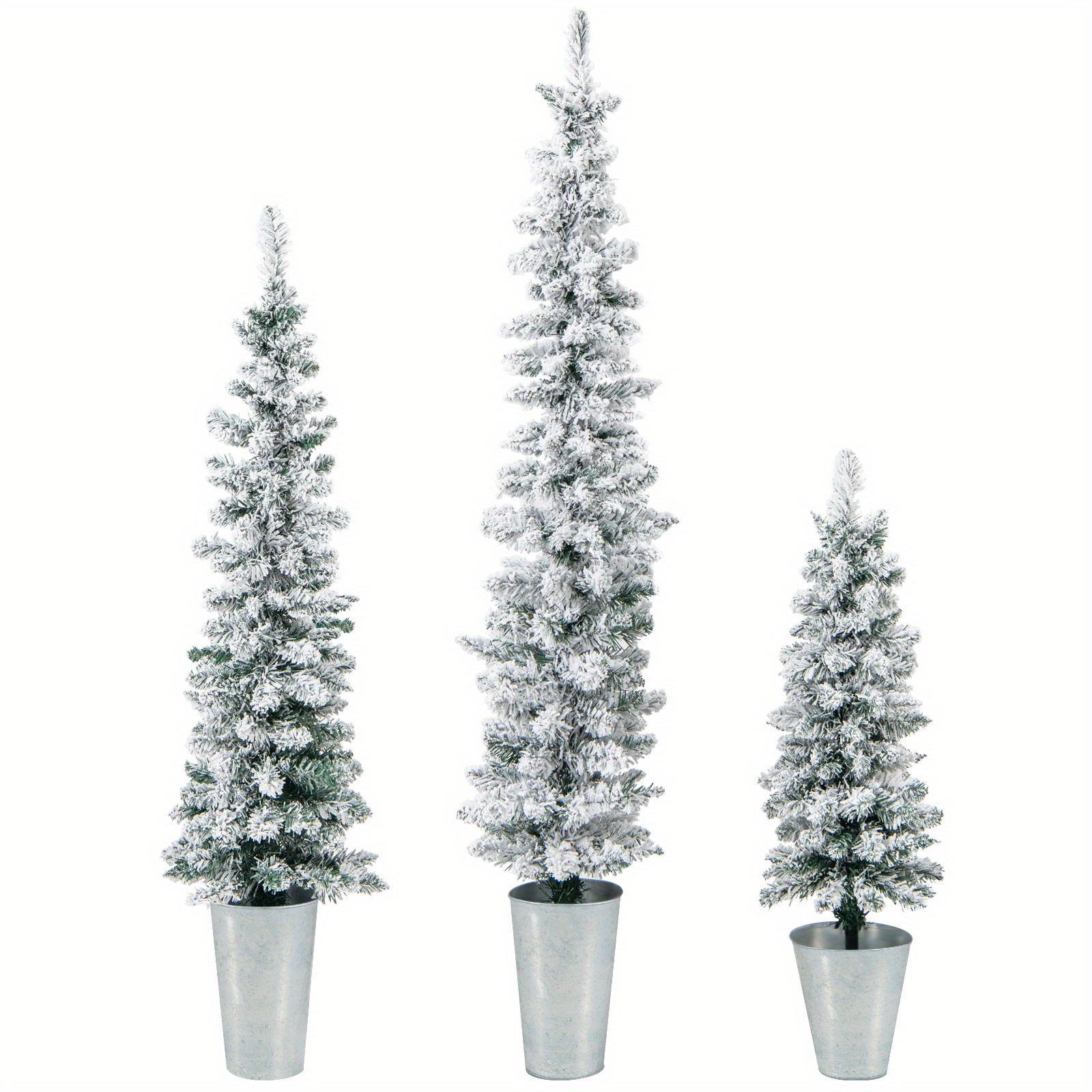 Image of Set Of 3 Snow-flocked Artificial Christmas Trees In Pots - Slim & Tall Greenery, 3/4/5ft With Lifelike Branch Tips For Holiday Decor