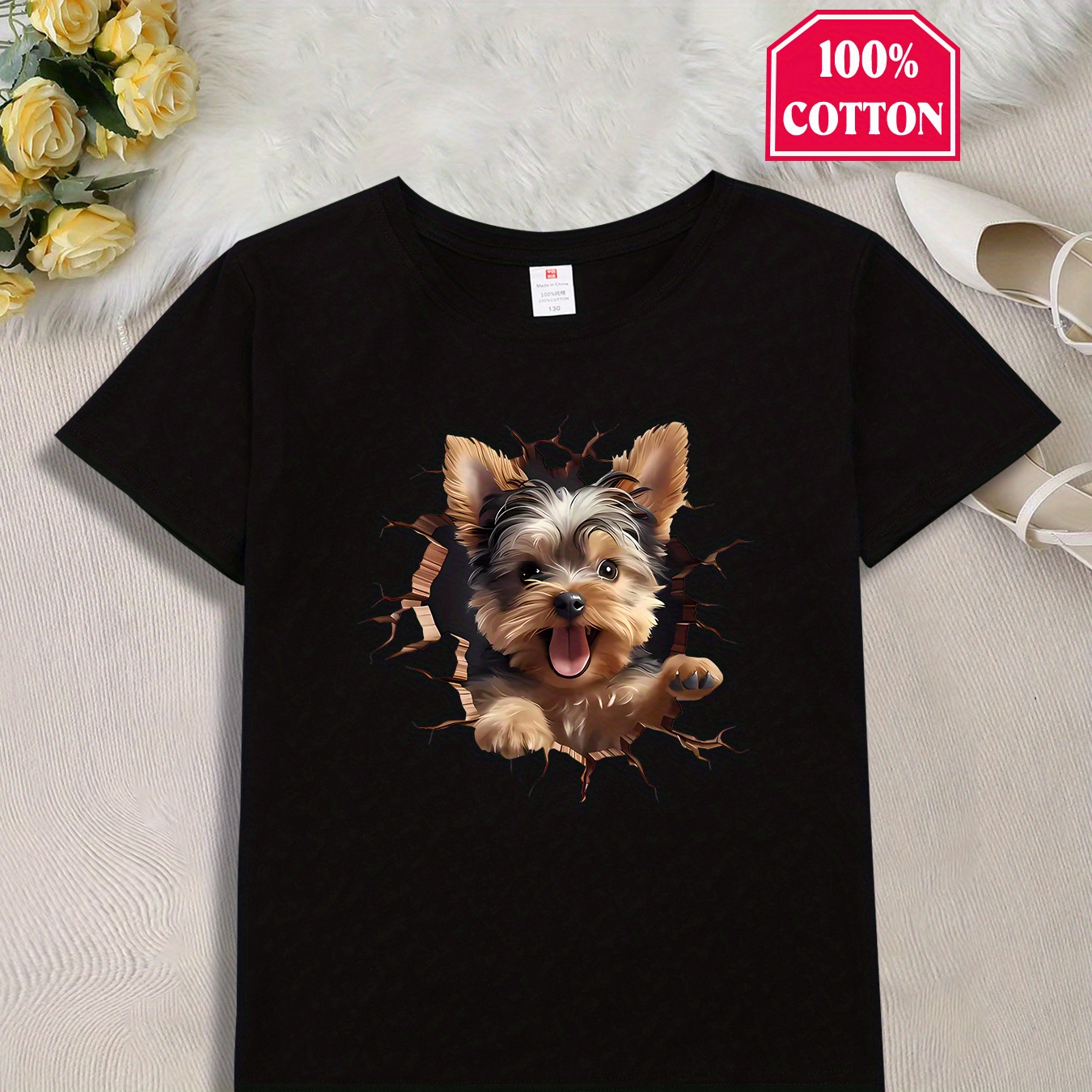 

Adorable Dog Graphic Tee For Girls - 100% Cotton, Breathable & Soft Summer Top With Crew Neck