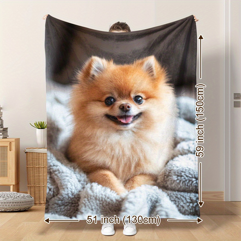 

Pomeranian Dog Printed Flannel Throw Blanket, Soft Polyester Knitted Quilted Lightweight Cover, Digital Printing Home Decor For Couch, Travel, Camping, Contemporary Style - 1pc