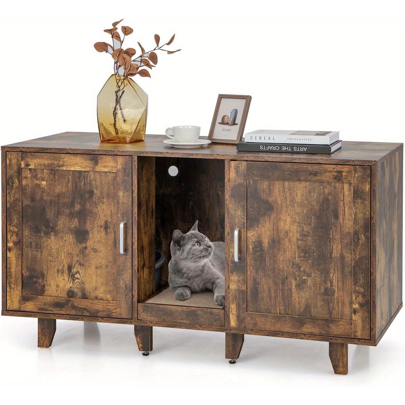 Image of Cat Cabinet, Cat Litter Box With Entrance & Door, Cat Litter Box Cabinet With Scratching Board, 3-in-1 Cat House For Litter Box