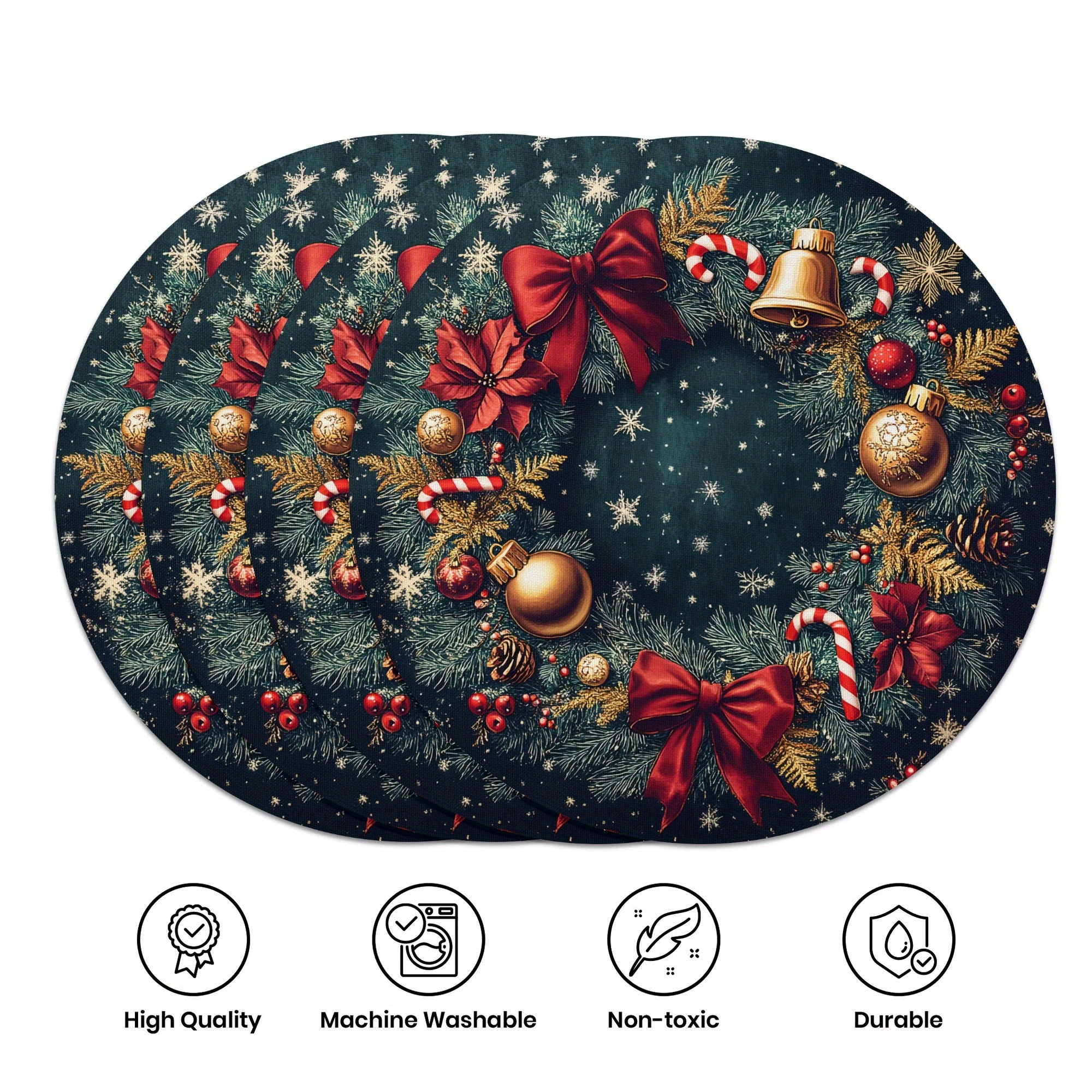 

Set Of 4 Christmas Wreath Place Mats, Polyester Round Table Mats 15-inch, Hand Washable, Woven Cane Design For Holiday Party Kitchen And Dining Decor