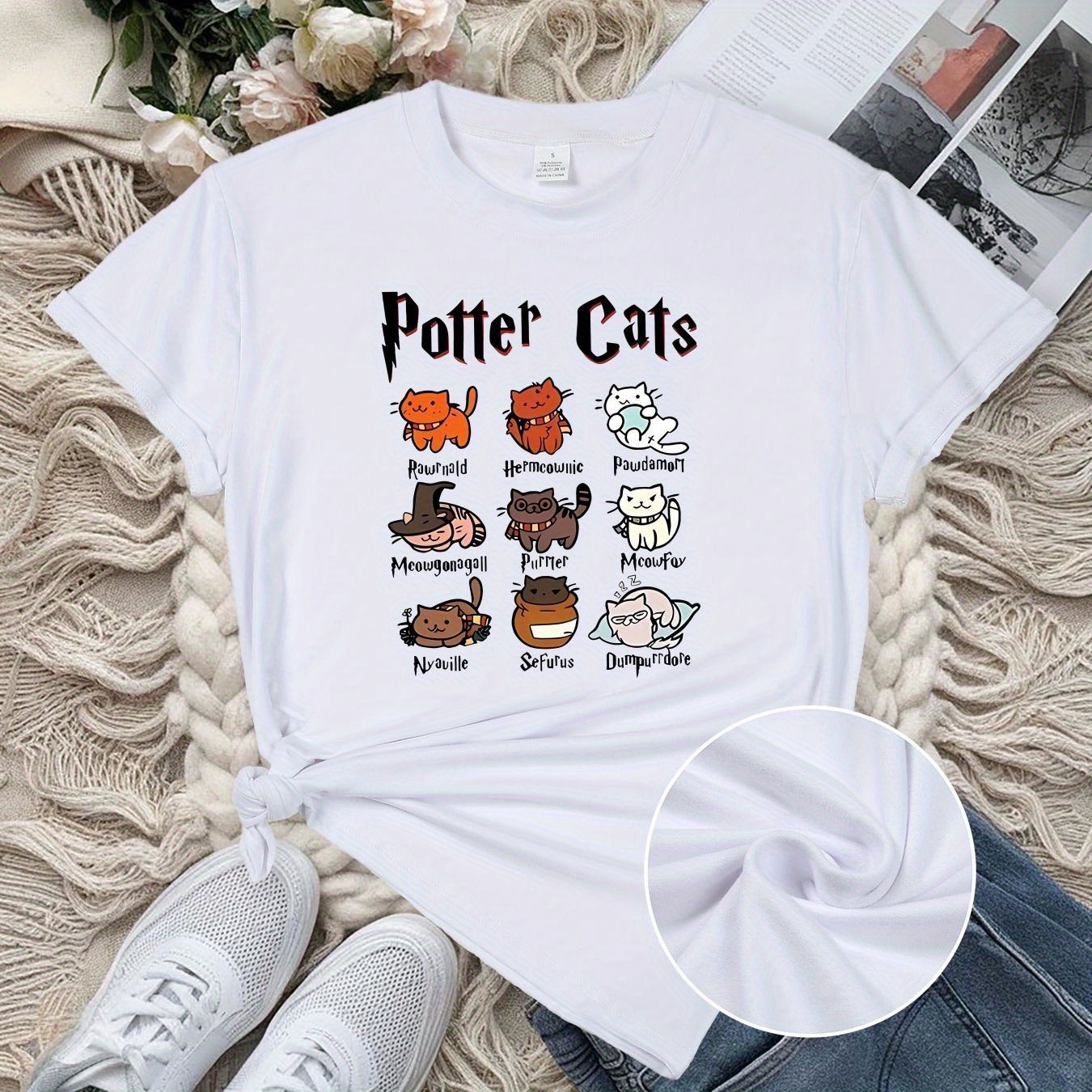 

Potter Cats Graphic T-shirt Casual Crew Neck Polyester Spandex Tee With Medium Stretch, Knit Fabric Animal Print Top For All - Women's Apparel