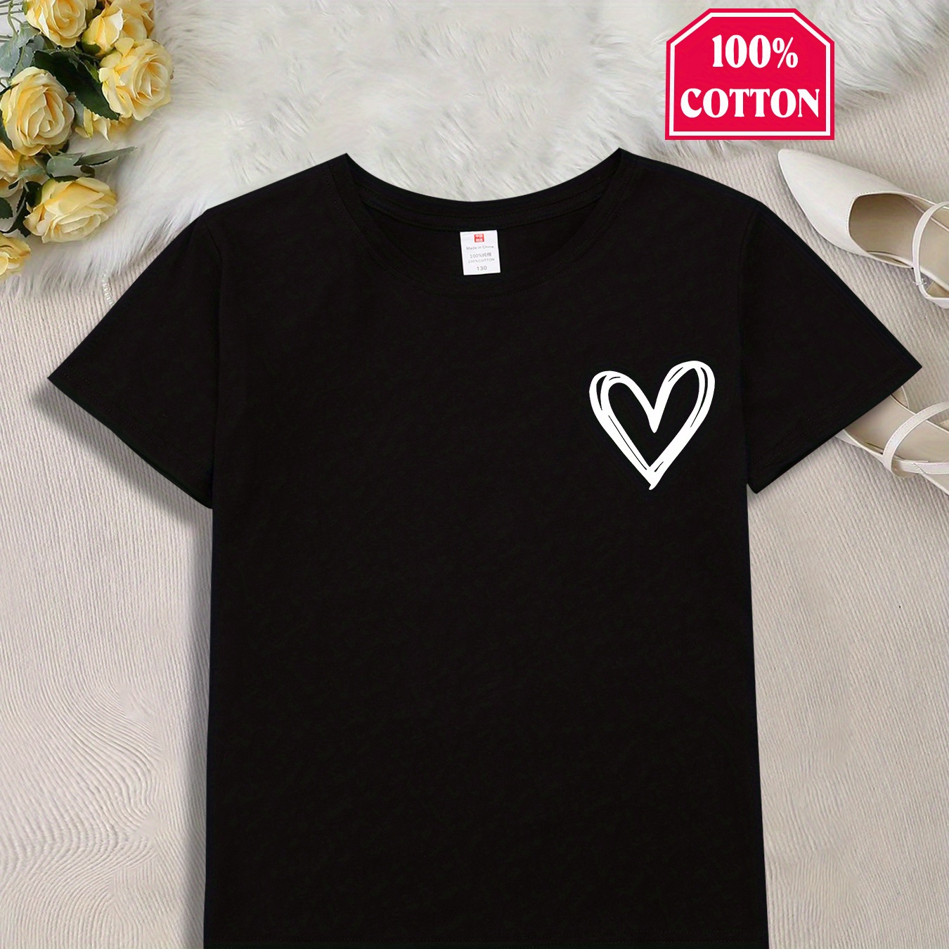 

Girls' Cotton T-shirt Print, Casual Knit Top, Breathable Stretch Fabric, Round Neck, Spring/summer Collection, /m/l Sizes