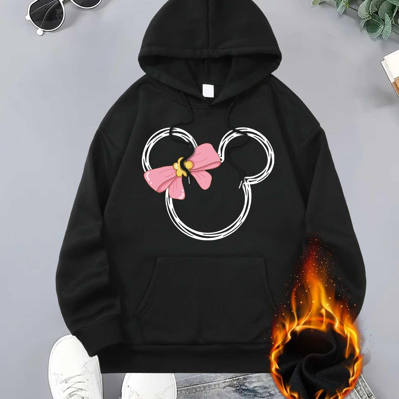 

Casual Hooded Pullover Sweatshirt With Kangaroo Pocket, Polyester Knit Fabric, Slight Stretch, Cartoon Mouse Print Unisex Hoodie