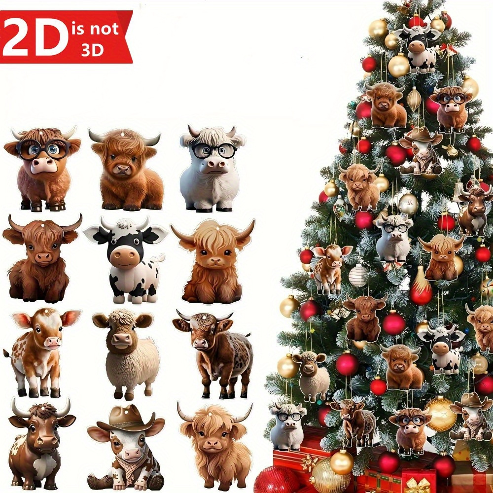 

12pcs 2d Christmas Cow Ornaments, Cute Highland Cow Decorations, And Fun Cartoon Bull Christmas Pendants. Used In Cars, Backpacks, And , Making It An For Holiday Decoration, And Christmas Decoration