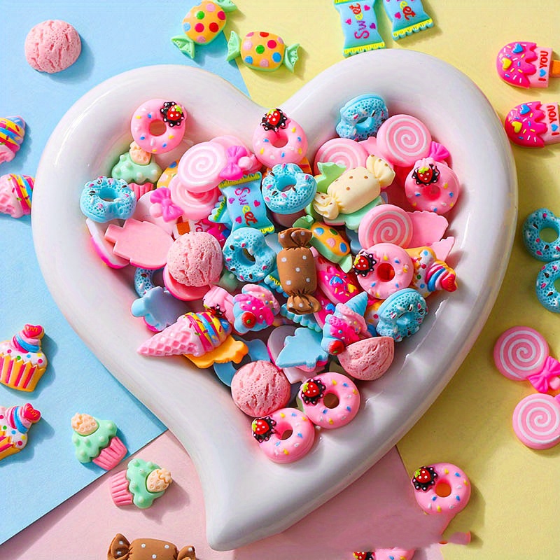 

50pcs Cartoon Candy & Dessert Theme Resin Charms, Assorted Diy Crafts Beads For Phone Case, Jewelry Making, And Fridge Magnets, Decorative Beads For Beading - No Mosaic Material