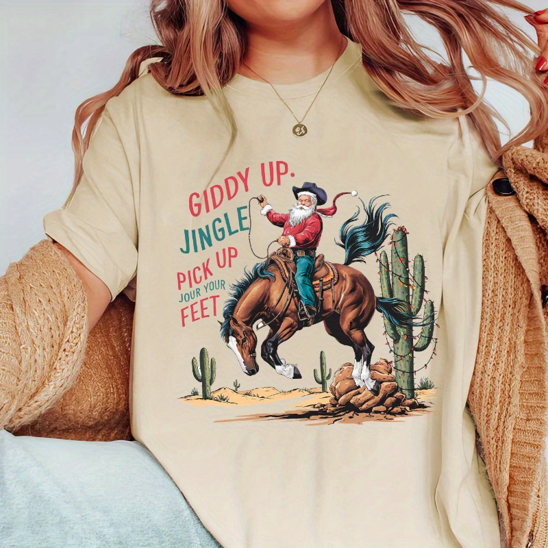 

Western Cactus Riding Cowboy Alphabet Print Oversized T-shirt For Women - Casual Short Sleeve Knit Polyester-elastane , Crew Neck, Medium Stretch Fabric, Season-neutral Top