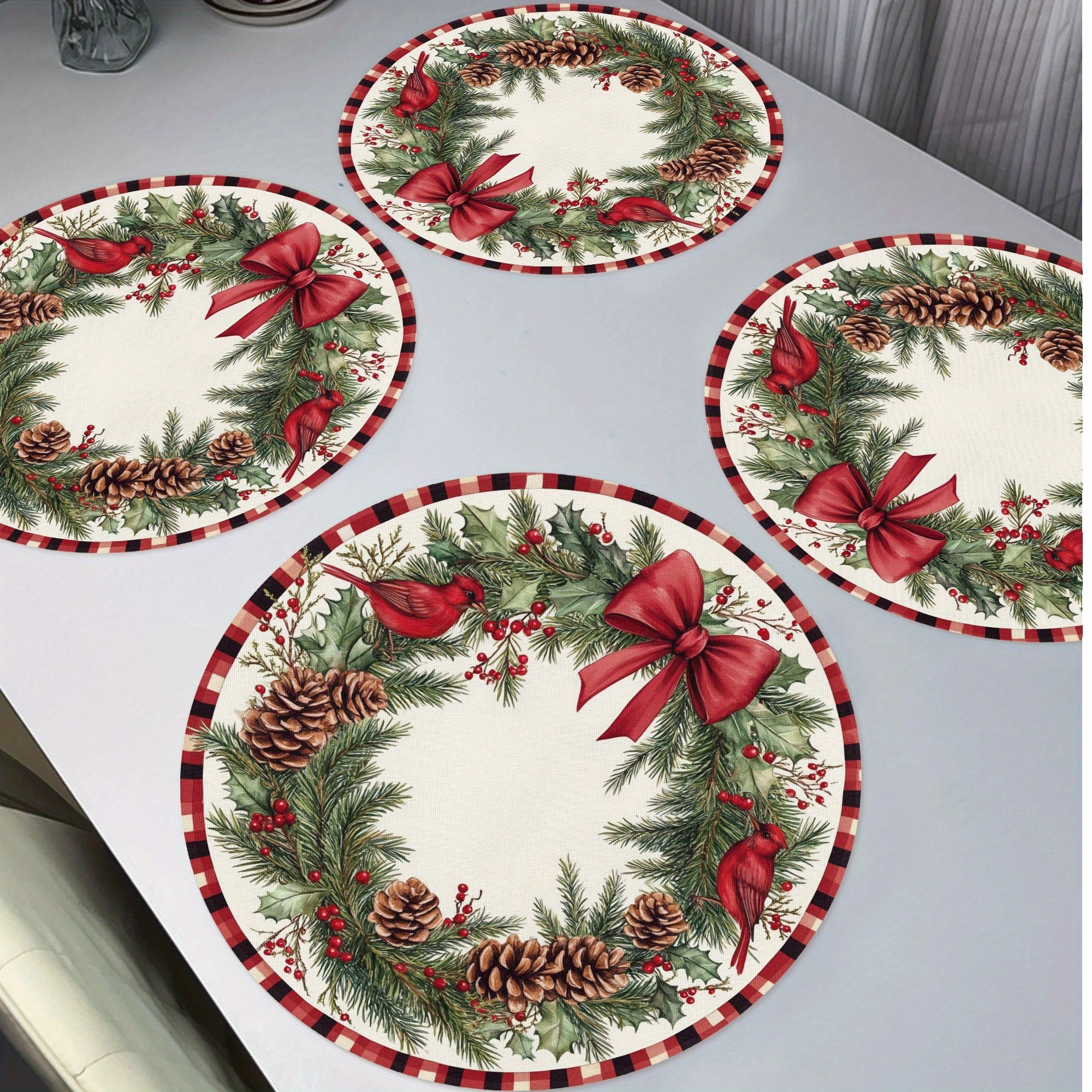 

Christmas Birds Placemats Set Of 4 - Polyester Knit Fabric Round Table Mats, Non-slip Heat Resistant 15" - Berry Wreath Design For Holiday Dining Party Decoration