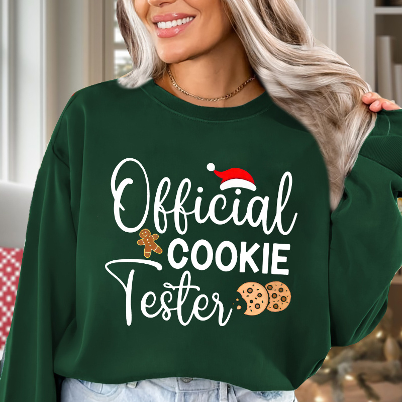 

Christmas Themed Official Cookie Tester Graphic Sweatshirt - 100% Polyester Knit Casual Crew Neck Pullover With Stretch For Adults - Gingerbread & Santa Hat Print For All