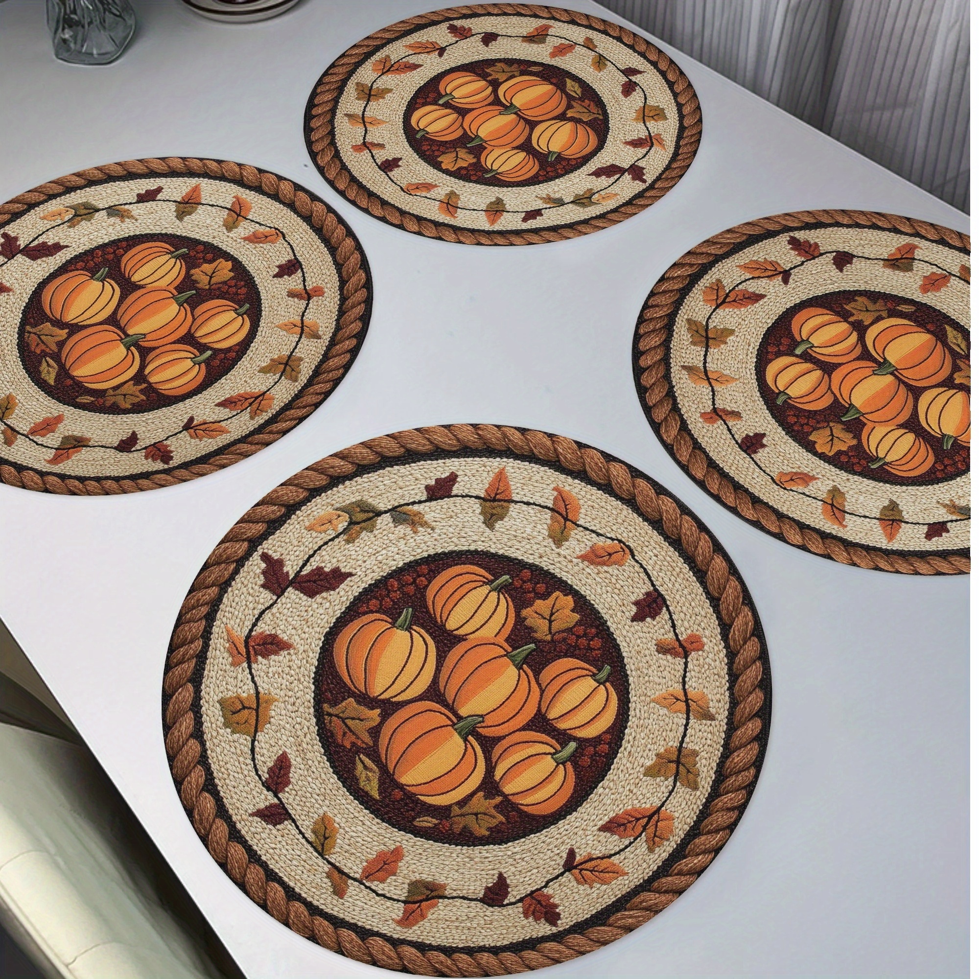 

Set Of 4 Knitted Polyester Round Placemats - Thanksgiving Pumpkin And Maple Leaf Design, 15" Washable Table Mats For Autumn Dining Decor