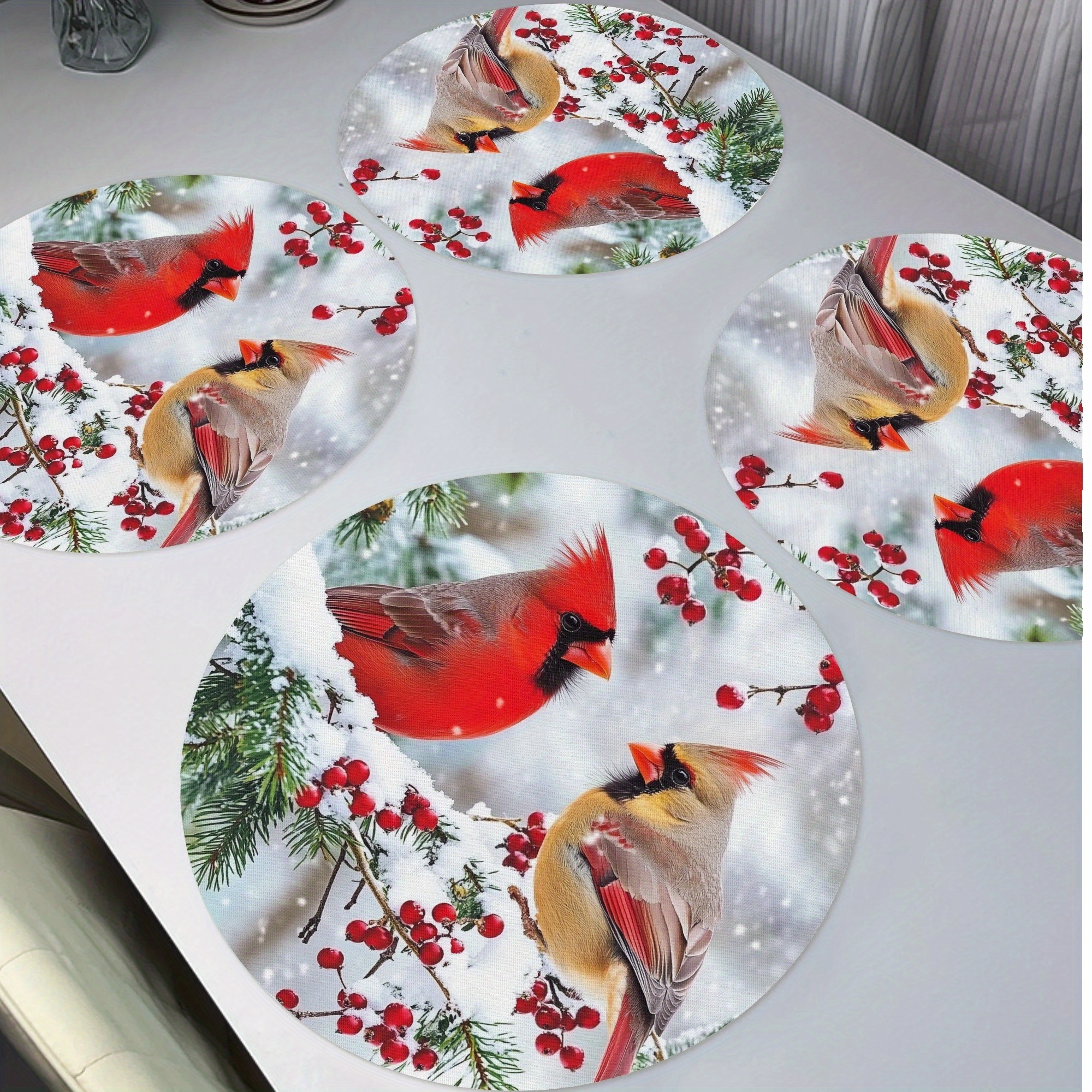 

4pcs, Round Placemats, Merry Christmas Theme Table Mats, Birds Pattern Heat Insulation Pad, Kitchen Decorative Table Mat, Western Meal Table Pad, Christmas Decor, Dining Table Decor