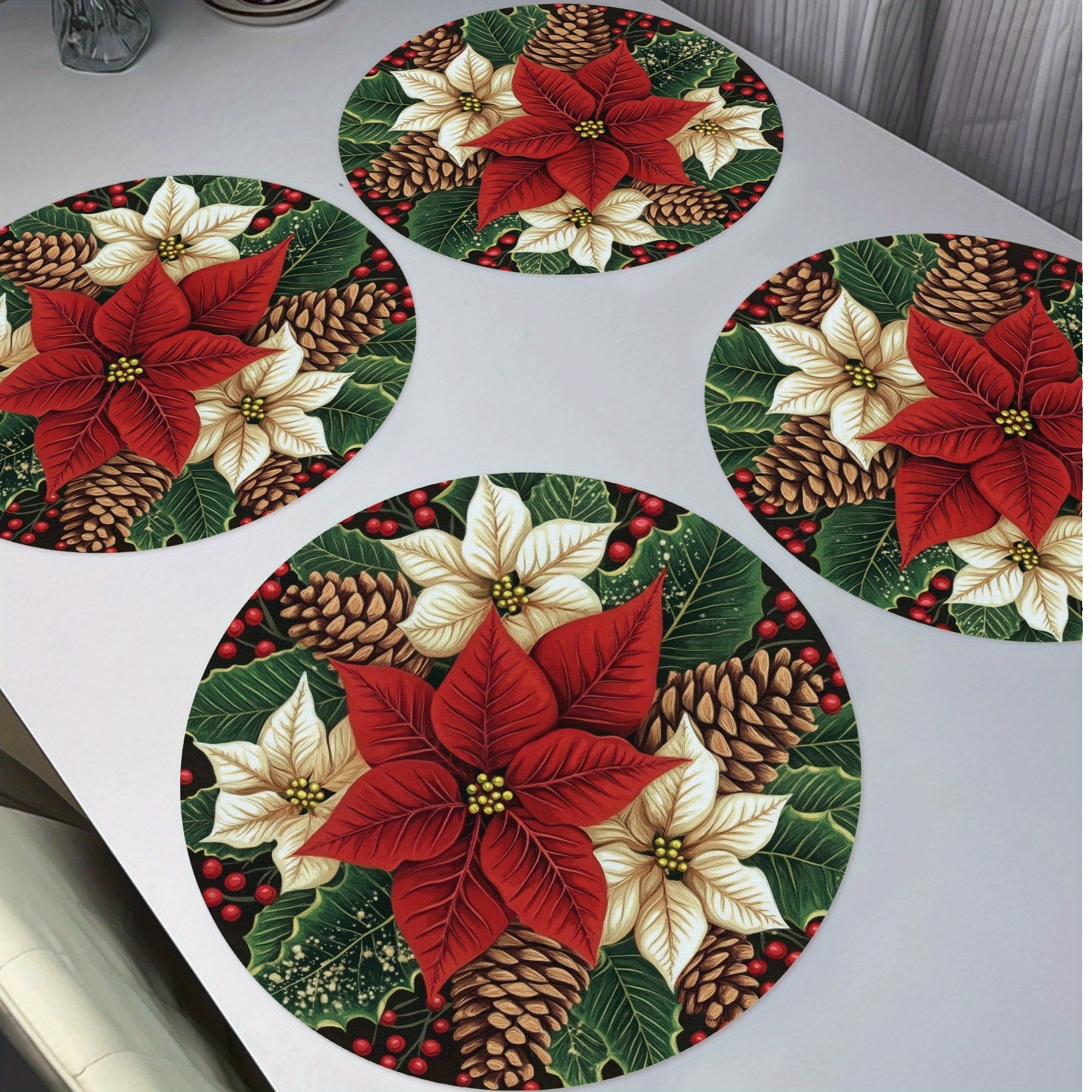 

Set Of 4 Polyester Knit Fabric Round Placemats With Red And White Poinsettia Design – Non-slip, Heat Resistant, Hand Washable – Cone Pattern For Christmas Dining Decor, 15-inch