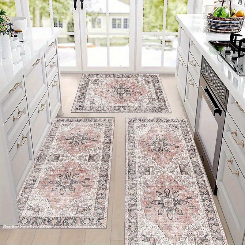 

3pcs Chic Washable Kitchen Rug Set - Anti-slip, Machine Washable For Kitchen, Hallway, Living Room & Laundry - Vintage Long Strip Rugs With Persian Prints