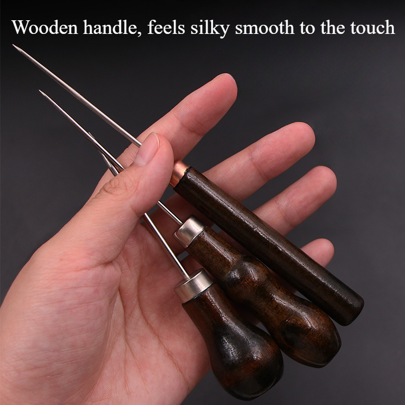 

3pcs Awl Set With Wooden Handles - Leathercraft & Sewing Projects, Metal Punch Tools