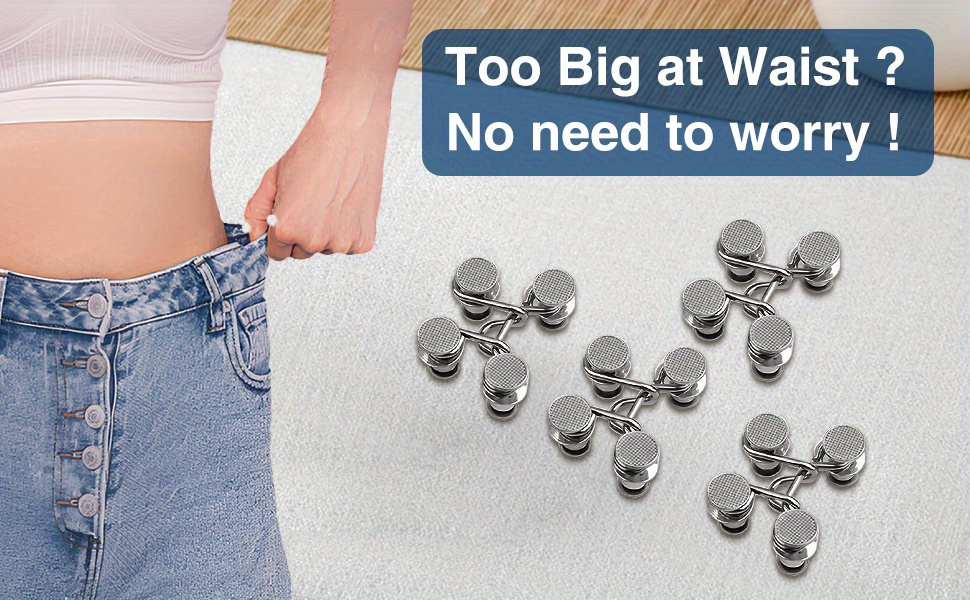 4-Button + 2-Bar Combo Set Adjustable Denim Belt Buckle Pins - Seamless Metal Jeans Fasteners, Women'S Pants Belt Tighteners, Snap Fastening Design, Universal Style - Silver, Fashionable Accessory|Adjustable Waistband|Metallic Finish