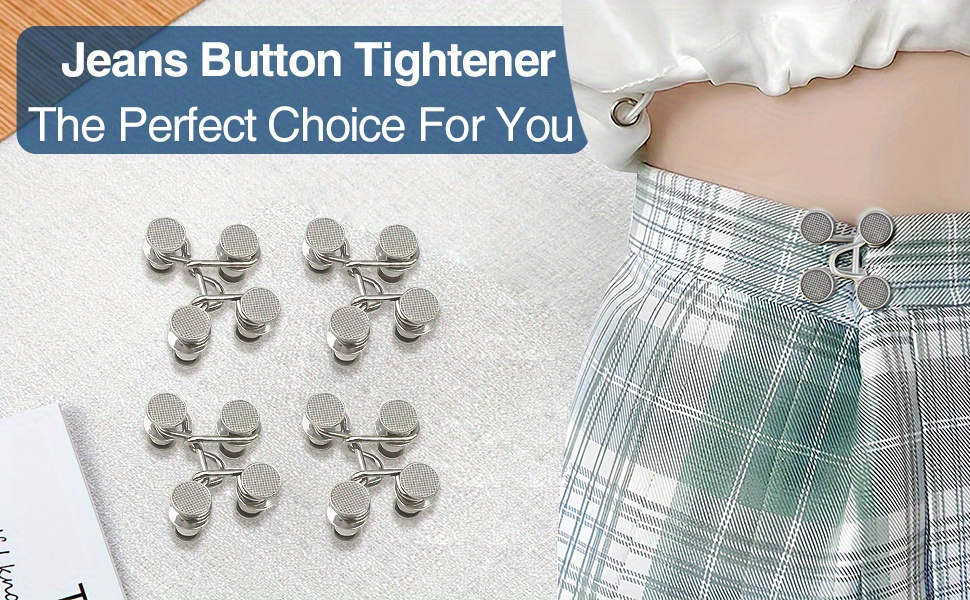 4-Button + 2-Bar Combo Set Adjustable Denim Belt Buckle Pins - Seamless Metal Jeans Fasteners, Women'S Pants Belt Tighteners, Snap Fastening Design, Universal Style - Silver, Fashionable Accessory|Adjustable Waistband|Metallic Finish