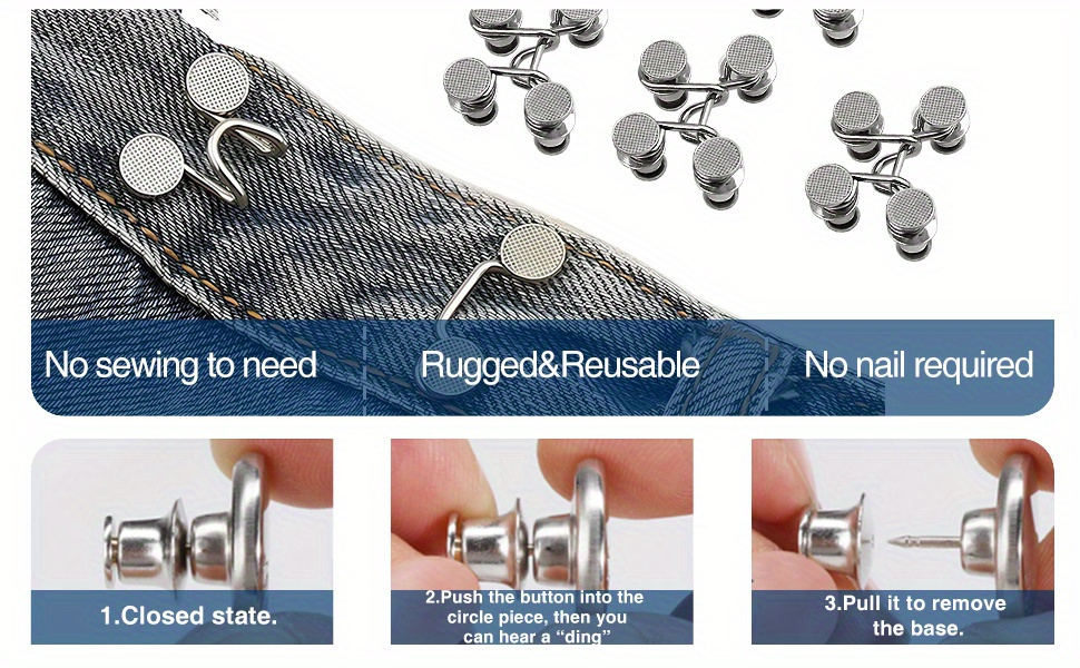 4-Button + 2-Bar Combo Set Adjustable Denim Belt Buckle Pins - Seamless Metal Jeans Fasteners, Women'S Pants Belt Tighteners, Snap Fastening Design, Universal Style - Silver, Fashionable Accessory|Adjustable Waistband|Metallic Finish