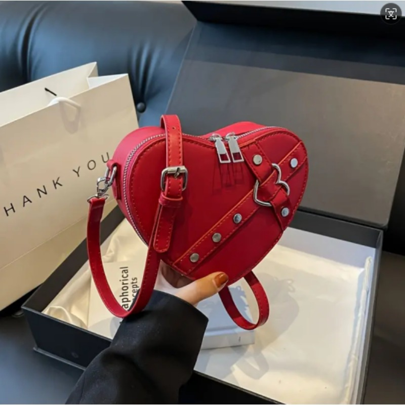 

Chic Heart-shaped Crossbody Bag With Rivet Accents - Trendy Solid Color, Zip Closure, Leather Shoulder Purse For Women