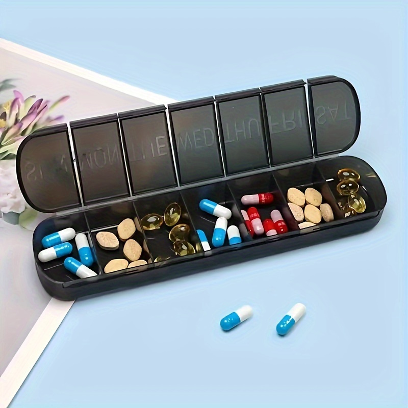 

1pc Large Weekly Pill Organizer, Compact Portable Pill Case Box 7 Day, Travel Friendly Medicine Organizer With Large Compartment For Vitamins, Fish Oil, White, Black