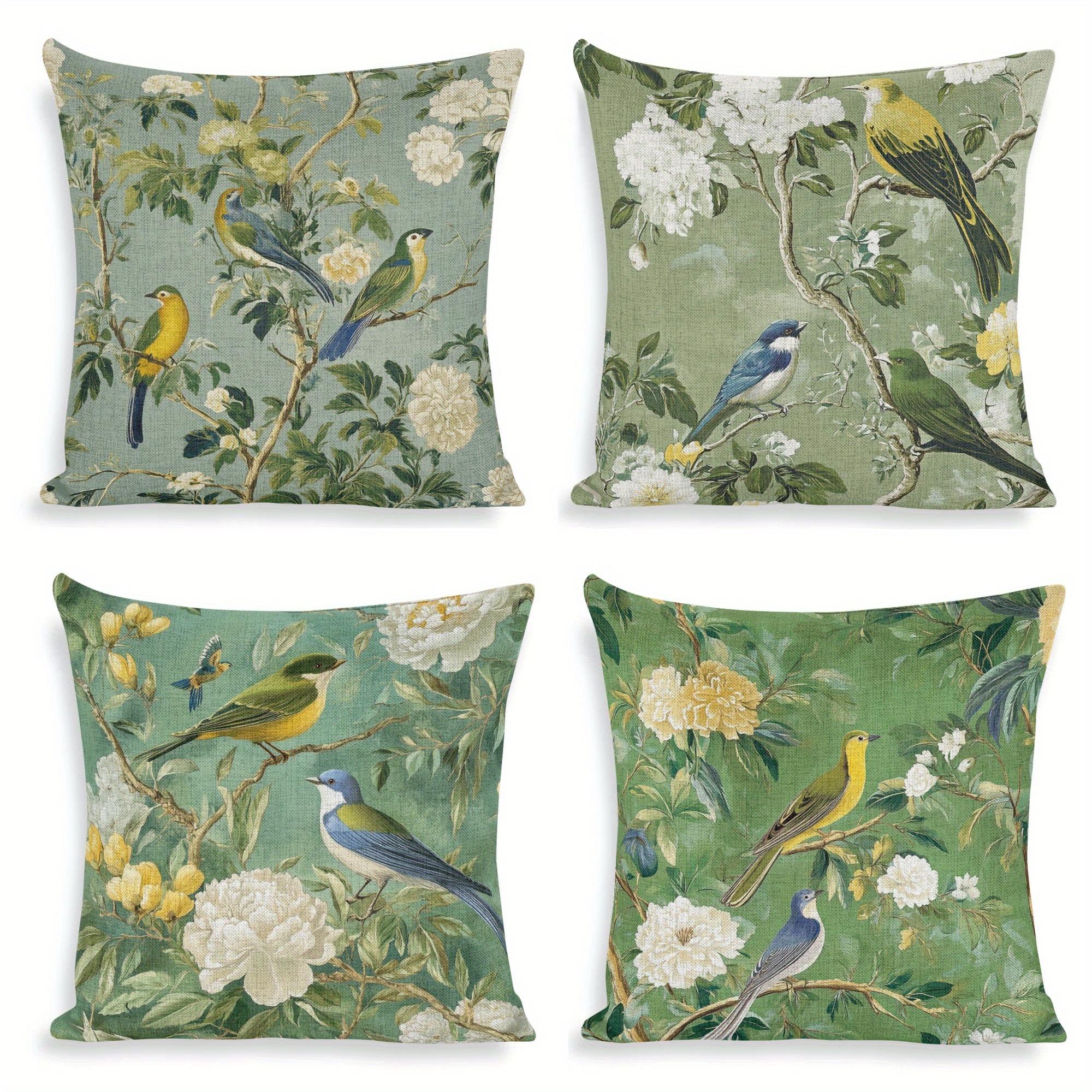 

4-pack 18x18 Inches Polyester Covers, Double-sided Bird And Floral Print, Home Sofa Decor, Kitchen And Dining Room Textile, Woven Fabric, No Power Required, Polyester Cover