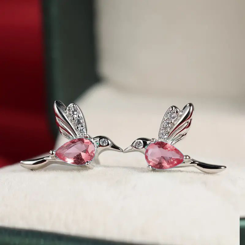 

Fashion Hummingbird Stud Earrings, Silvery-tone Alloy With Pink Gemstone, Elegant Style, Hypoallergenic Ear Needle, For Women, Suitable For 15+