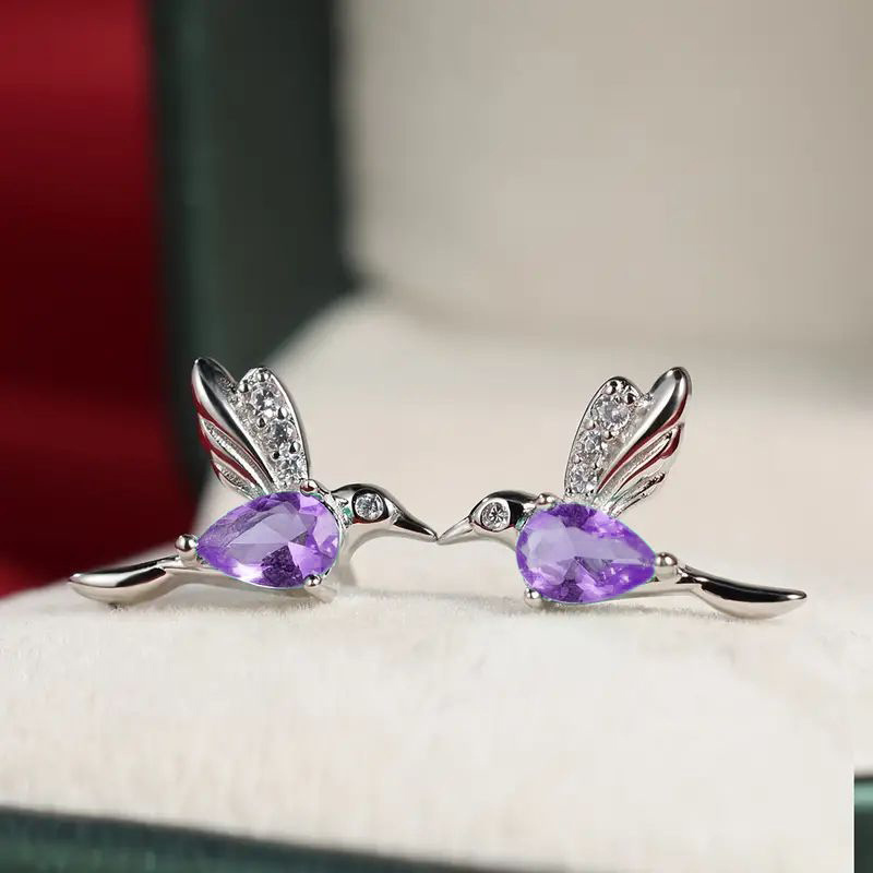 Hummingbird Stud Earrings with Purple Faux Gemstone