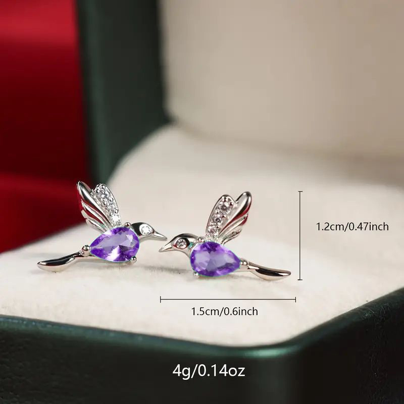 Hummingbird Stud Earrings with Purple Faux Gemstone