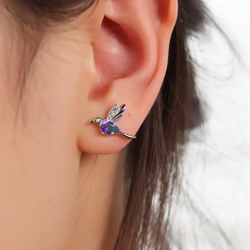 Hummingbird Stud Earrings with Purple Faux Gemstone