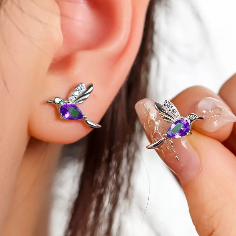 Hummingbird Stud Earrings with Purple Faux Gemstone