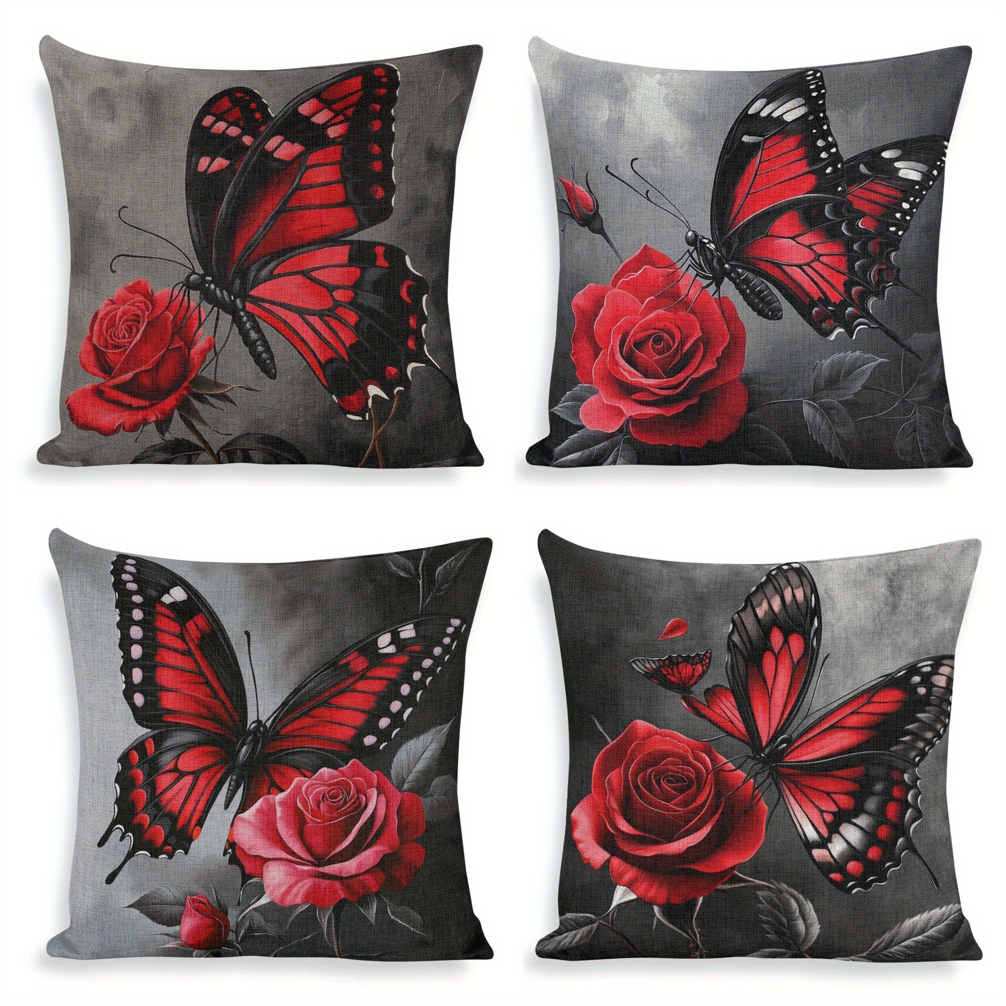 

4-pack Decorative Throw Pillow Covers 18x18 Inch, Red And Rose Double-sided Print, Square Polyester Cushion Cases For Home Sofa Decor