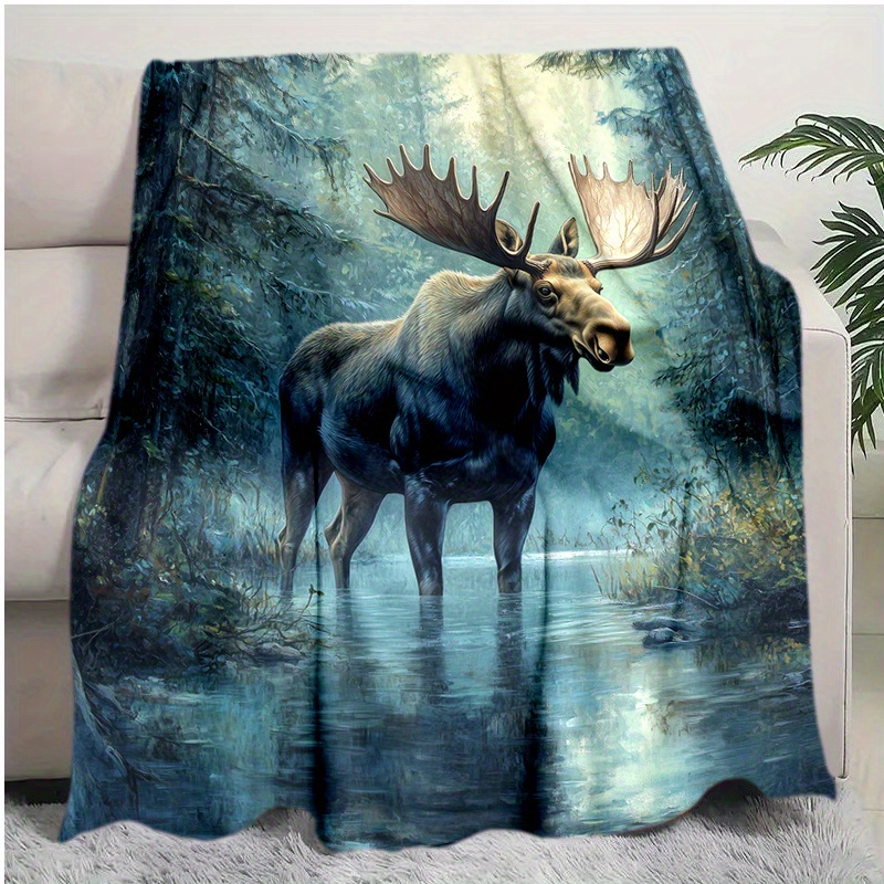 

Vintage Moose Print Flannel Blanket - Knitted Polyester Throw For Office Chair, Bed, Sofa - Theme, Machine Washable, Color, Digital - Ideal Christmas Gift