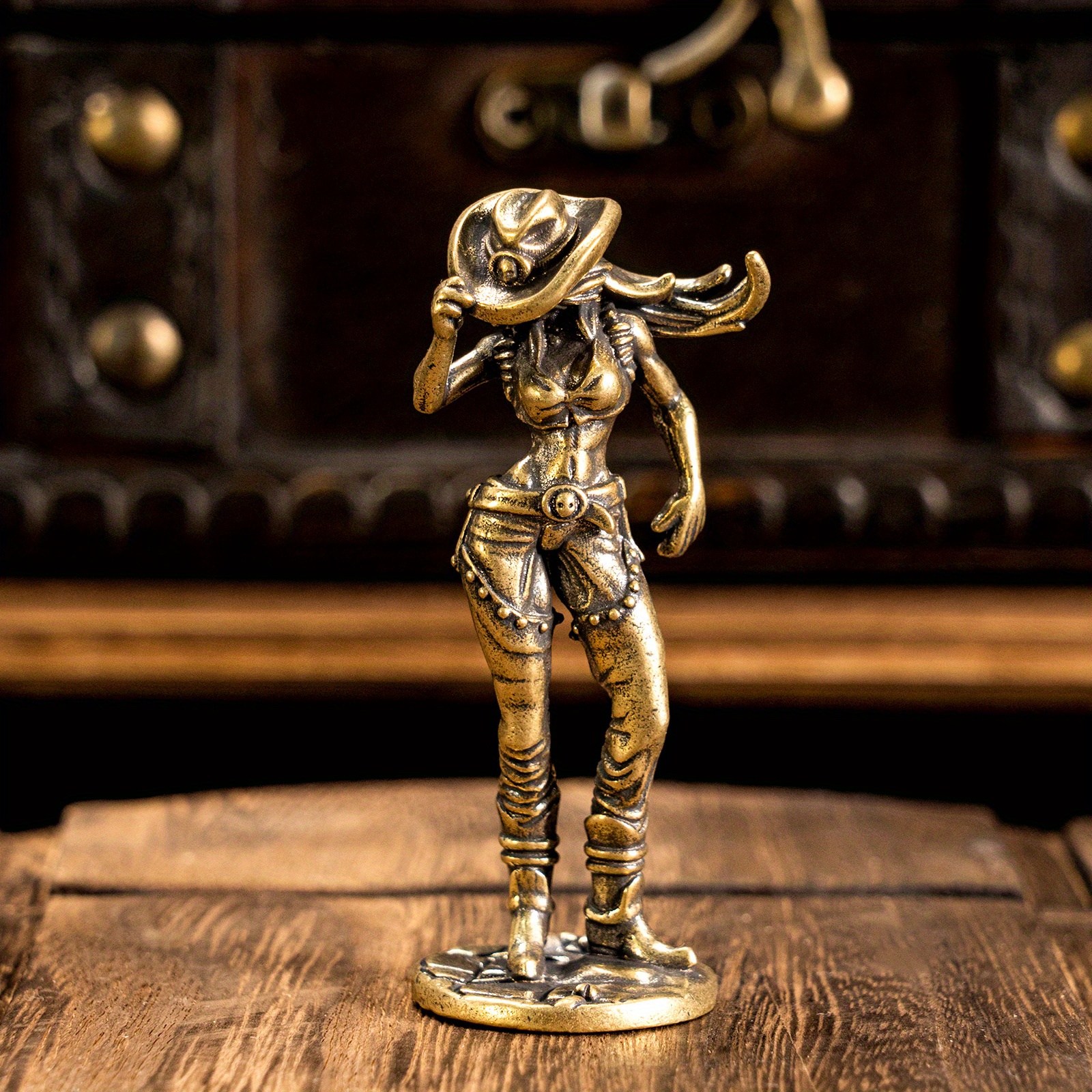 Image of 1pc Vintage Brass Prairie Rider Statue | Western Cowboy Decor For Home, Office, Or Café – Rustic Bookshelf & Desktop Accent – Classic Retro With Charm