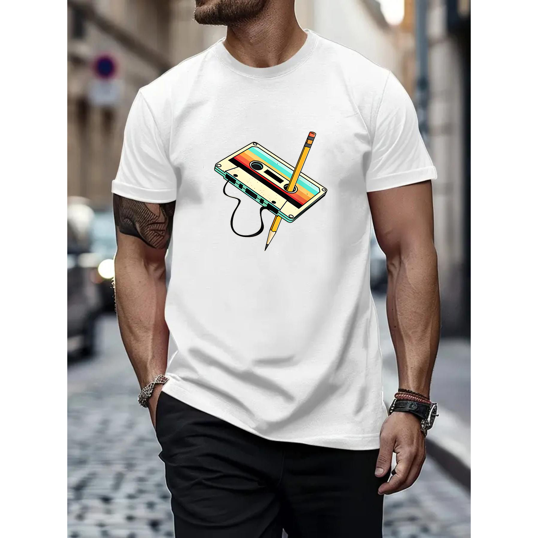 

Men' Crew Neck Casual T-shirt With Retro Cassette And Pencil Graphic, 100% Polyester Knit Fabric With Stretch, Summer Alphabet Patterned Tee, Regular