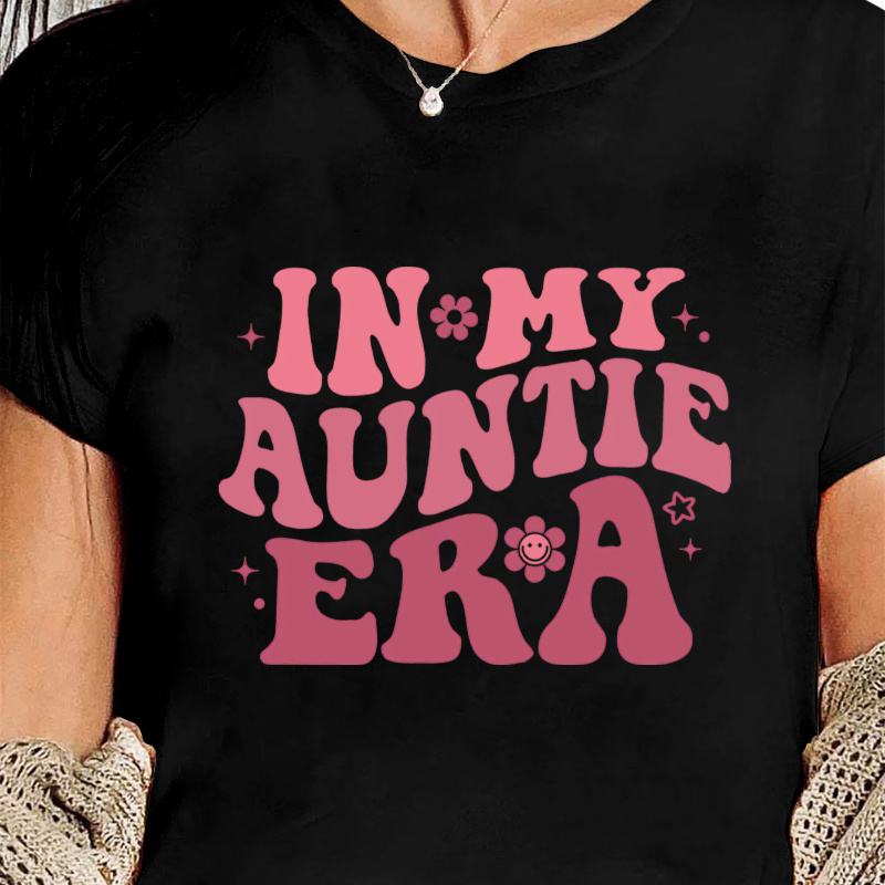 

Women's Casual Crew Neck T-shirt With "in My Auntie Era" Floral Print, Knit Polyester Fabric, Medium Stretch, Fall/