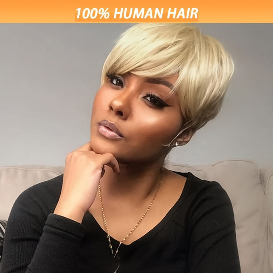 

1pc Women's Chic Blonde Cut Wig - 180% Density Glueless Human Hair, Layered Short Style, Straight Hair, Cap