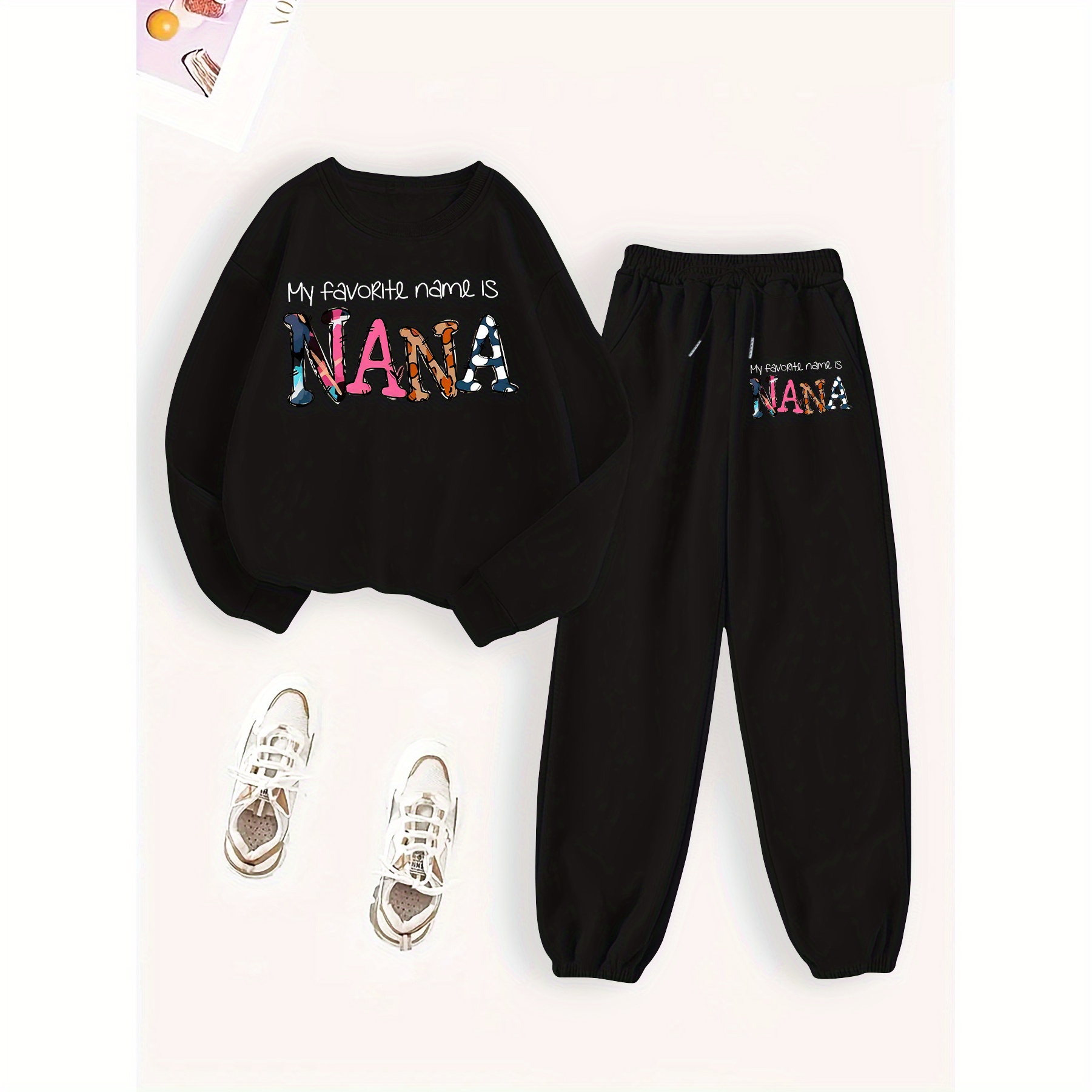 

Women's Crew Neck Sweatshirt And Pants Set - 100% Polyester Geometric Pattern Casual Two-piece Outfit, Knit Fabric Long Sleeve Top With Matching Sweatpants For Fall/winter - Nana