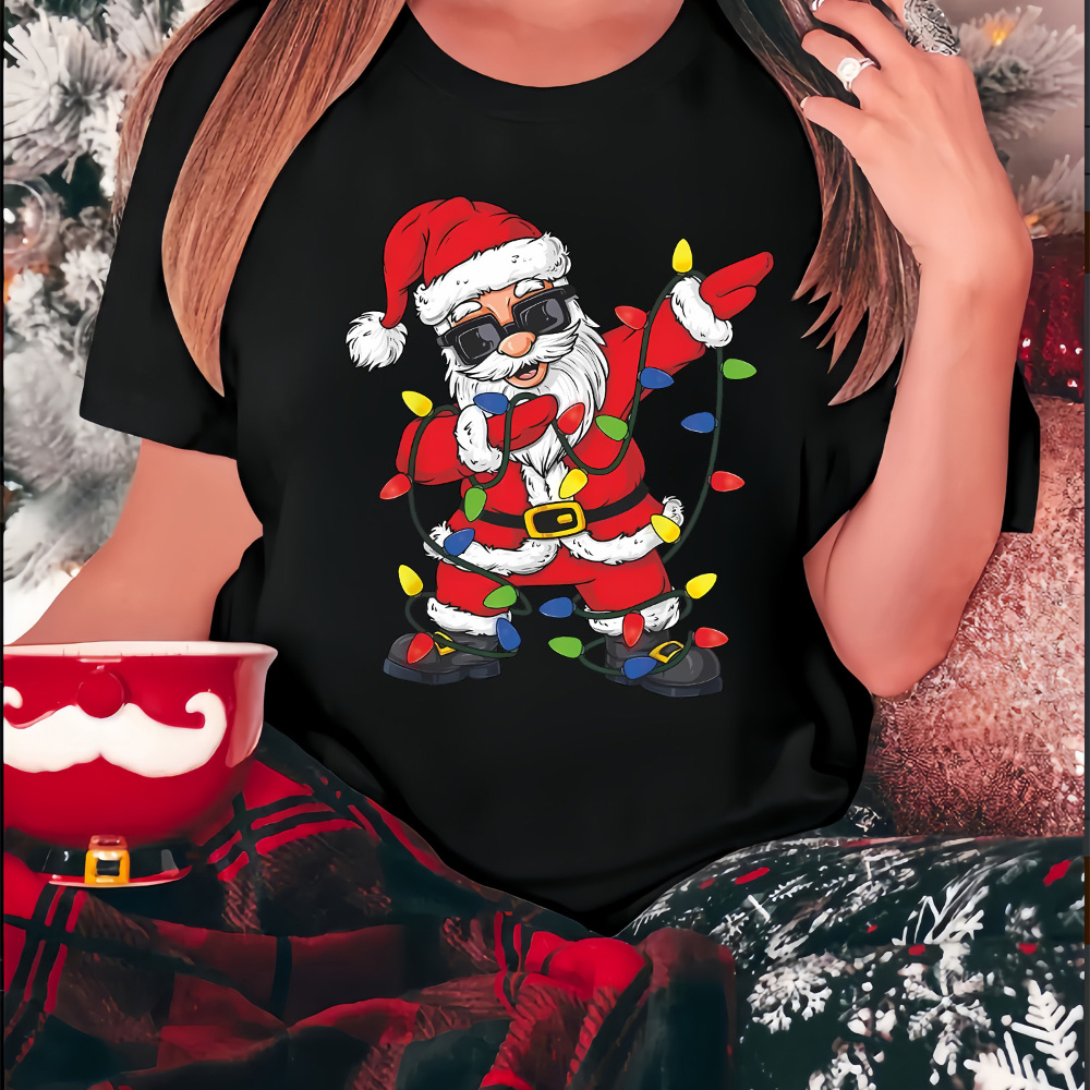 

Santa Graphic T-shirt – Comfortable & Stylish Christmas Tee, 95% Polyester 5% Spandex, Crew Neck, Regular Length, Knitted Fabric – Ideal For Spring/fall