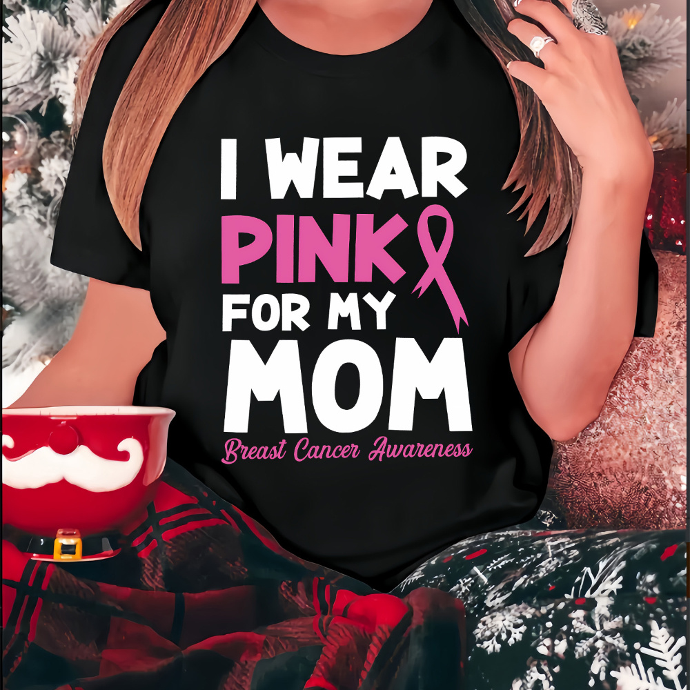 

Breast Awareness T-shirt For Women - Soft & Breathable Polyester , Sexy Crew Neck, Short Sleeve Top With " " Alphabet Graphic, Knit Fabric, Spring/fall Casual Wear