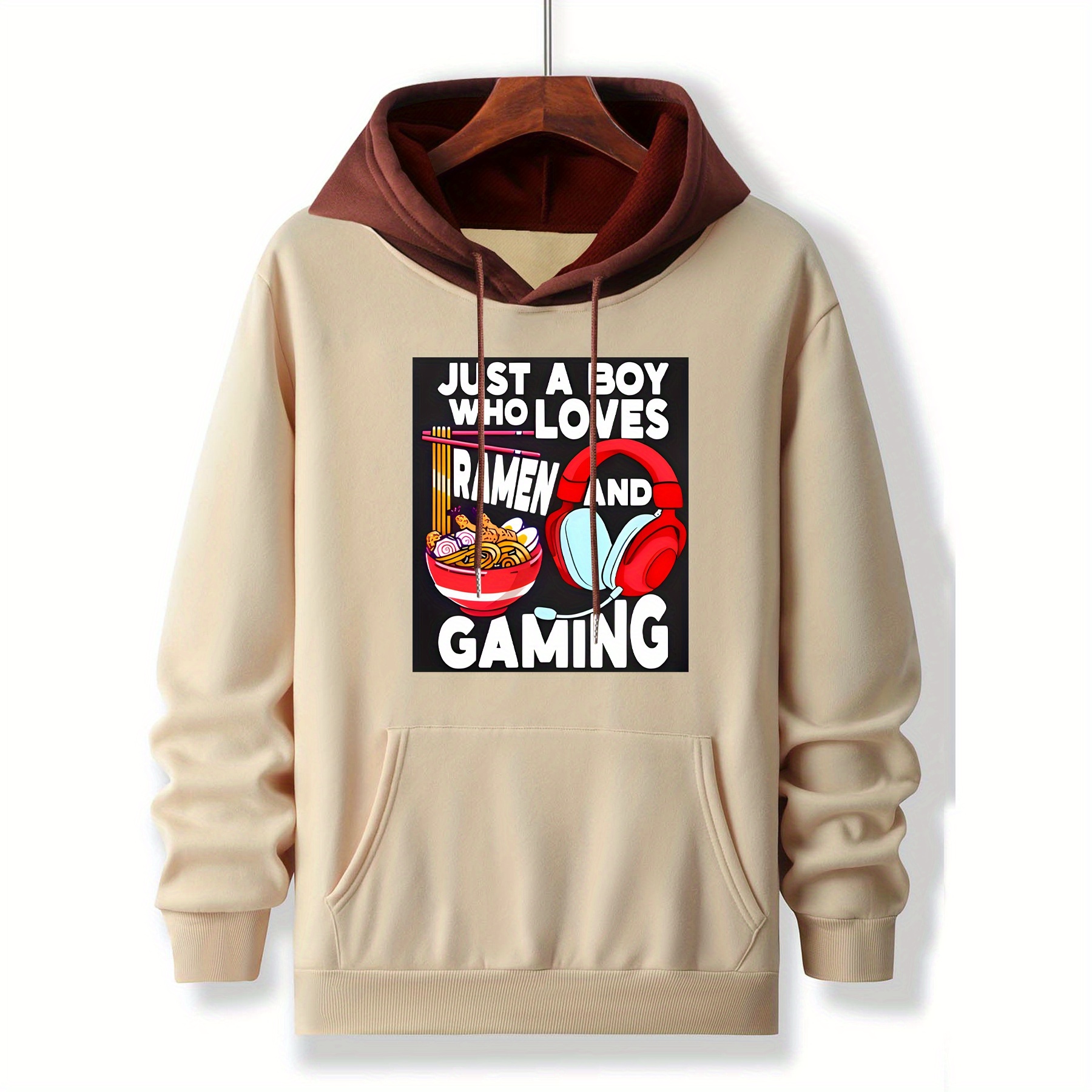 

just A Boy Who Ramen And Gaming" Hoodie Sweatshirt - Spring, Summer, Fall, Winter - - Long Sleeves - Printed Design - Polyester - Regular Fit - Hood With Drawstrings - Knit Fabric