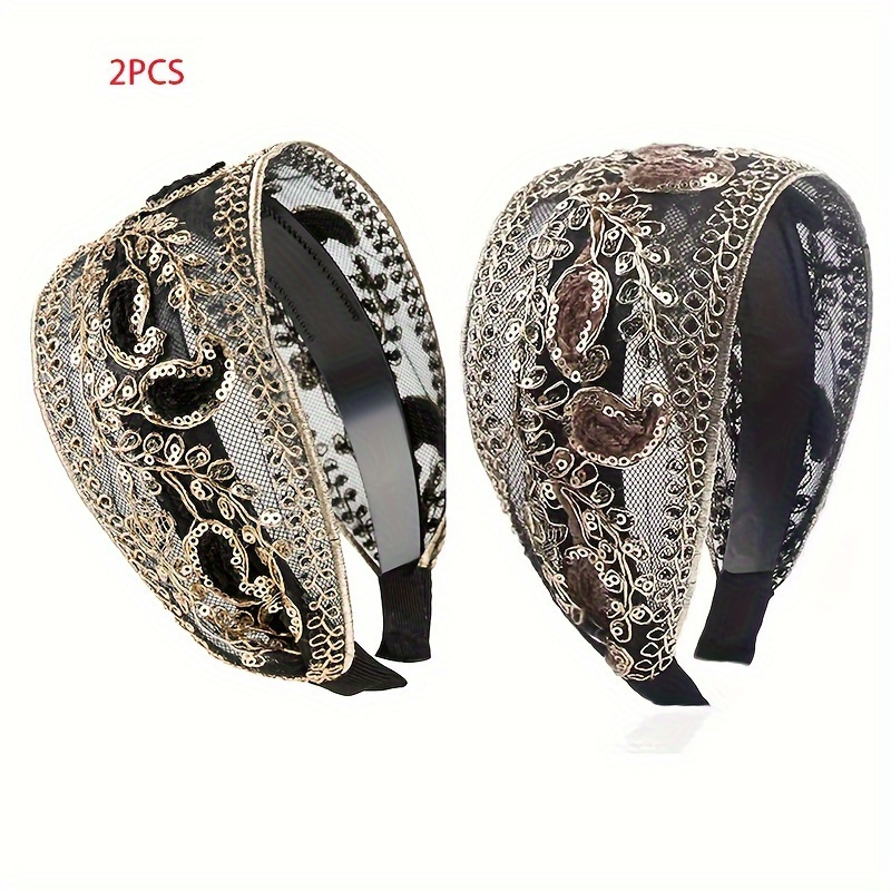 TEMU 2pcs Elegant Lace Embroidered Sequin Flower Headbands - Wide, Non-slip Hair Hoops For Women | | Chic Retro Style | Ideal Gift